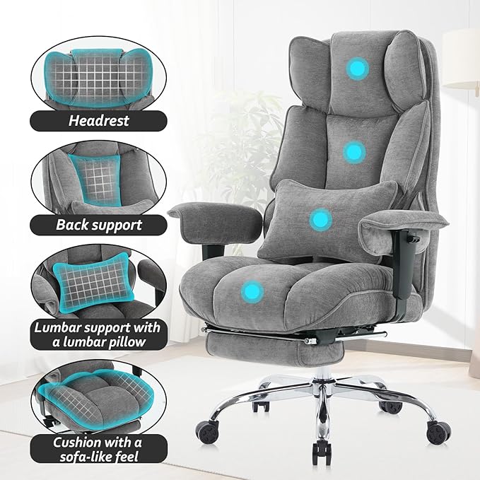 Efomao Executive Office Chair, Soft-Cushioned Computer Chair with Foot Rest, Fabric Home Office Desk Chairs, Big and Tall Office Chairs, Grey