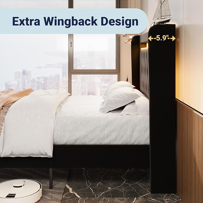 Allewie Upholstered Full Size Platform Bed Frame with LED Light and Charging Station, Button Tufted High Headboard, Wingback Design, Noise Free, Easy Assembly, No Box Spring Needed, Black