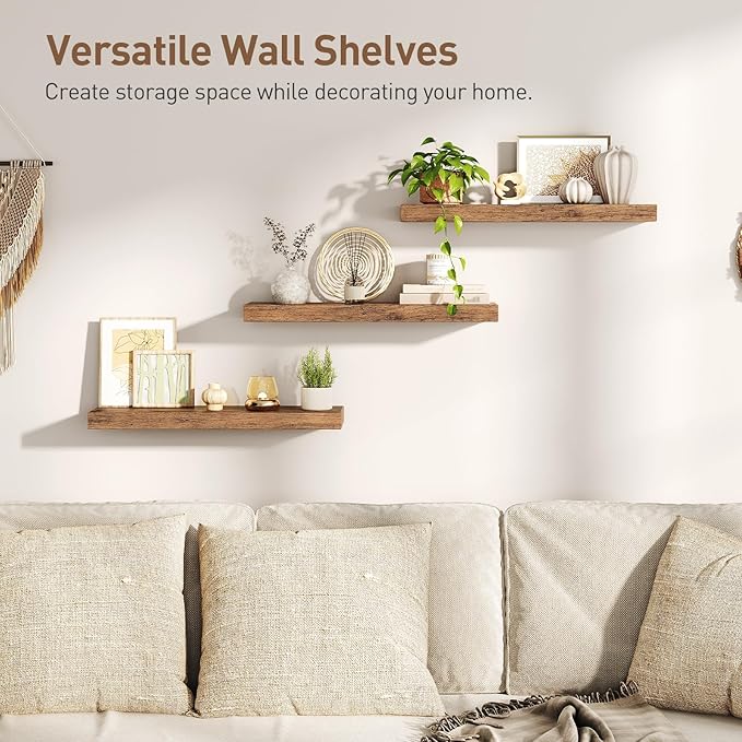 Floating Shelves for Wall, 1.5" Thick Wall Shelf Set of 3 with Invisible Brackets, 23.6L x 7.9W Hanging Shelves Farmhouse Home Decor for Bathroom, Living Room, Bedroom, Rustic Brown 6301BJP3BF