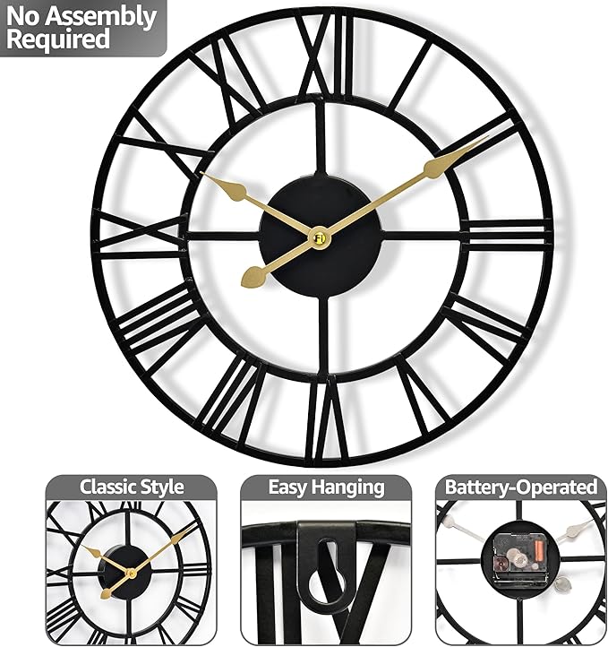 Sorbus Large Wall Clock for Living Room Decor – Easy to Hang 12-Inch Big Wall Clock – Metal Wall Art for Kitchen, Bedroom, Home, Office – Analog Decorative Wall Clock (Black)