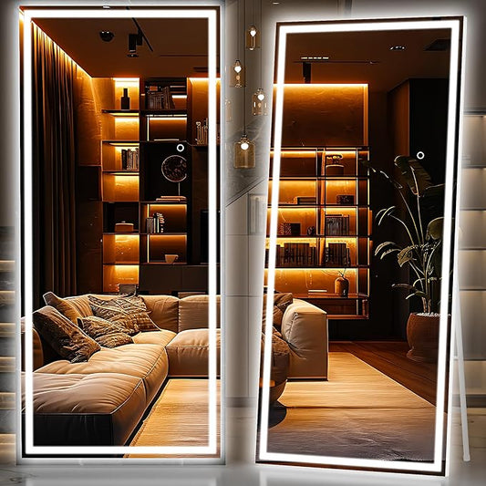 Hasipu Full Length Mirror with Lights, 83" x 36" LED Lighted Floor Standing Mirror, Full Body Dressing Hanging Mounted Mirrors, Dimmable, Tempered Glass, Safe to Use, Square White