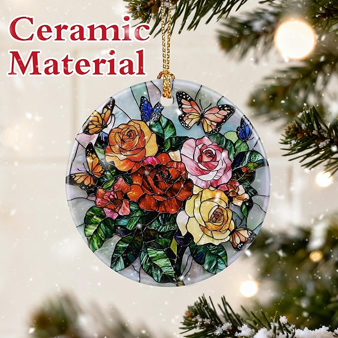 Butterfly & Rose Ornament, Christmas Ornaments, Christmas Decorations, Holiday Decor Gifts for Family, Friends & Flower Lovers, Gift Exchange & Gift Idea, Giftbox Included