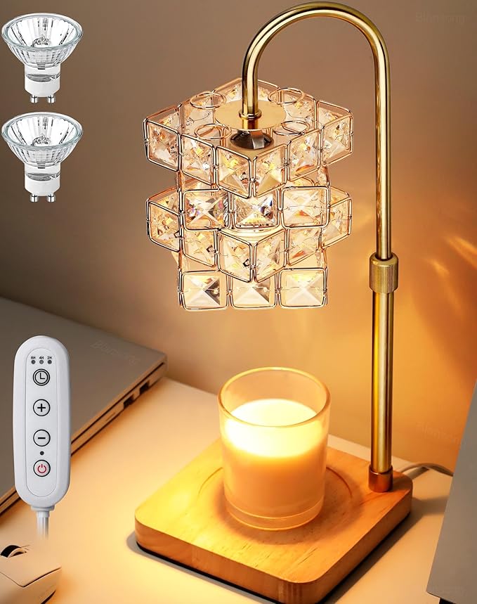 Candle Warmer Lamp Electric Candle Lamp Warmer Adjustable Height Angle with Dimmer and Timer ﻿Quadruple Diamond Texture Shape for Home Decor Wax Melts for Jar with 2 Bulbs