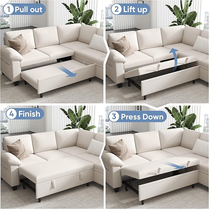 100" Modular Sectional Sleeper Sofa with Pull Out Bed,U Shaped 7 Seat Sectional Sofa with Storage,Modular Couch for Living Room,Deep Seat Couch with Removable Sofa Cover,Beige
