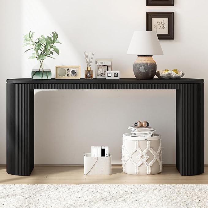 Modern Curved Console Table 59.2-Inch Fluted Entryway Sofa Table for Living Room Entrance Hallway Furniture, Black