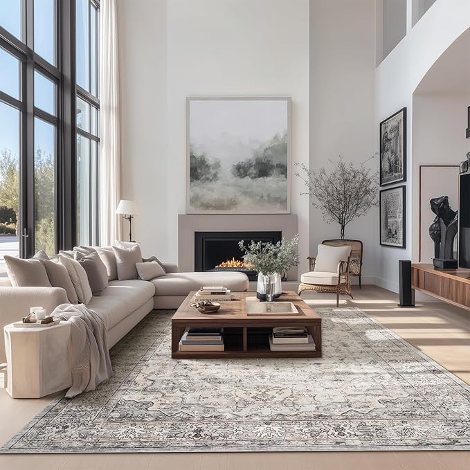 8x10 Area Rugs for Living Room Washable Non Slip Modern Large Rug Soft Faux Fur Low Pile Stain Resistant Vintage Euro Floral Boho Design Big Carpet Rug for Bedroom Dining Room Family Room,Neutral Grey