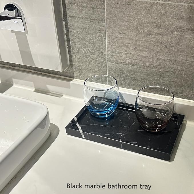 Natural Black Marble Vanity Tray, 9.8"x5.9" Genuine Marble Stone Tray for Bathroom/Kitchen/Dresser