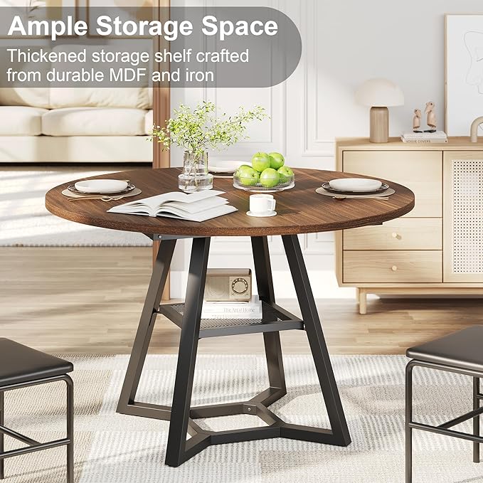 Round Dining Table for 4, Kitchen Tables Dining Room Circle Dinner Table with Pedestal Metal Frame, Space Saving Wood Industrial Kitchen & Dining Room Tables, Walnut 47In