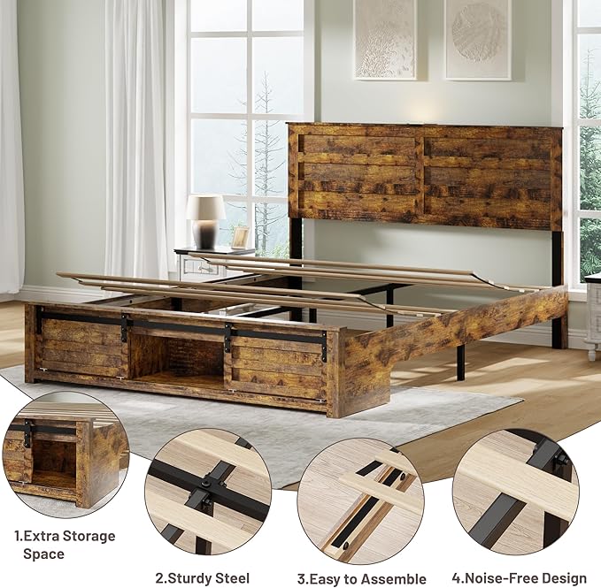 Queen Size Bed Frame with Wood Headboard, Wooden Platform Bedframe with Sliding Barn Door Footboard and Charging Station Easy Assembly, No Box Spring Needed (Brown, Queen)