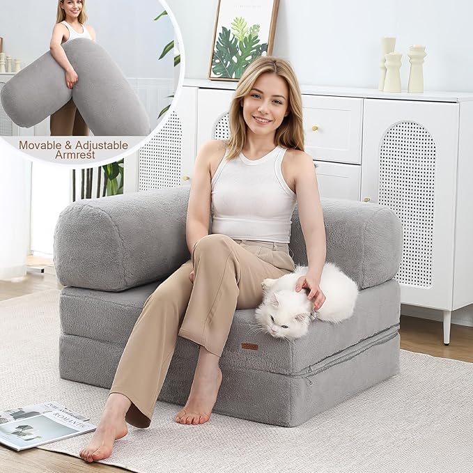 COMAX Folding Sofa Bed Single, Fold Out Chair Bed, Foldable Sofa Chair, Convertible Sleeper Futon for Adults, Floor Couch Mattress for Small Spaces Bedroom Living Room Guest Room, Faux Fur Grey