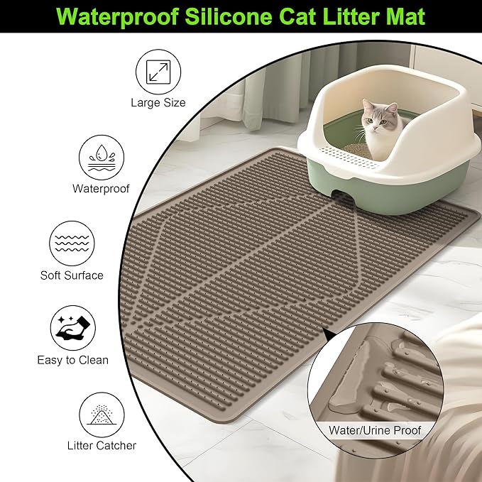 Mofason Cat Litter Mat XXL - Waterproof Kitty Litter Box mat for Floor - Extra Large Pet Trapping Litter Rug Pad - Silicone Cat Supplies & Accessories for Indoor Cats (38" x 25") -Brown