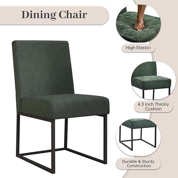 VKNOW Upholstered Dining Chairs Set of 6, Modern Dining Room Chairs, Linen Kitchen Chair Dinner Chair with Black Metal Base for Kitchen Office, Green-Unstriped