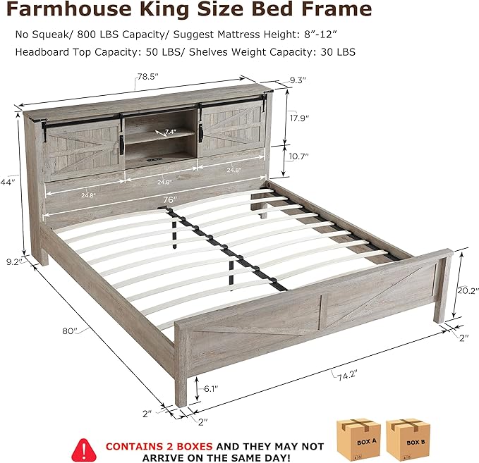 T4TREAM Farmhouse King Size Bed Frame w/Storage Bookcase Headboard, Sliding Barn Door, Charging Station, Rustic Wood Platform Bed w/Wood Slats Support, No Box Spring Needed, Light Rustic Oak