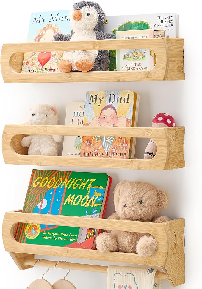 Bamboo Nursery Floating Book Shelves for Wall, Fully Assembled – Set of 3 Wall Mounted Bookshelves for Kids Room, Baby Room, Nursery Decor, 16.5 Inch Natural