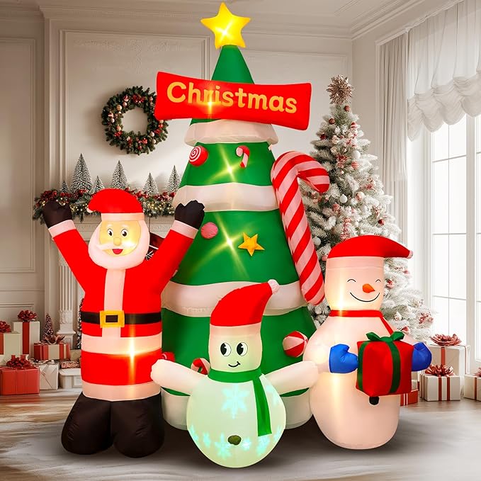Max Fun 9Ft Christmas Tree Inflatables Decorations with Santa Snowman Built-in LED Lights Blow Up Christmas Tree Outdoor Decoration for Christmas Party Holiday Outdoor Garden Lawn Yard Decor