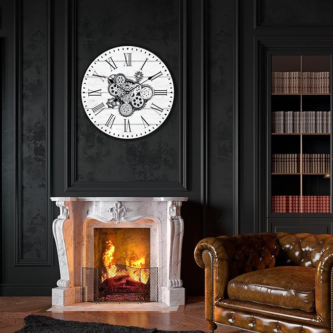 Lafocuse 23 Inch Large Wall Clock with Moving Gears for Living Room, Wooden White Steampunk Gear Clocks with Roman Numerals, Home Decor