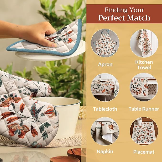 Maison d' Hermine Oven Gloves 100% Cotton Oven Mitt 7" x 13" with Loop Heat Resistant BBQ Cooking Gloves for Thanksgiving Christmas Decorations Baking Handling Hot Pans (Pack of 1, Dalida)