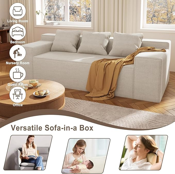 Modular Sectional Sofa, 3 Seater 105" Deep Seat Corduroy Lounge Sofa with Movable Cushions, Modular Couch for Small Spaces, Living Room, Bedroom, Apartment, Office - Beige