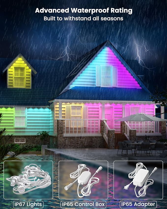 Gefolly Permanent Outdoor Lights Pro, 150ft with 90 RGBW Double-LED Lights 111 Scene Modes for Daily, Halloween, Christmas, IP67 Waterproof for Outdoor Decor, Works with Alexa, Google Assistant, White