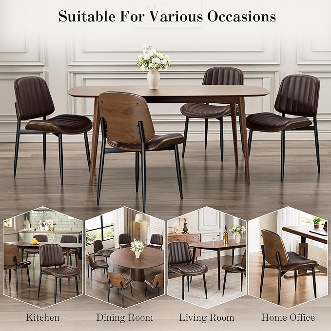 Dining Chairs Set of 2, Mid-Century Modern Upholstered PU Leather Chairs with Walnut Bentwood Back and Metal Legs Adjustable Feet for Kitchen Dining Living Room, Dark Brown Vertical Stripes