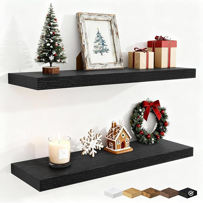 Fun Memories Floating Shelves for Wall, 30 Inch Rustic Wood Wall Mounted Shelves for Bathroom, Bedroom, Kitchen, Living Room, Deep Floating Shelves for Storage & Home Decor (Black, Set of 2)