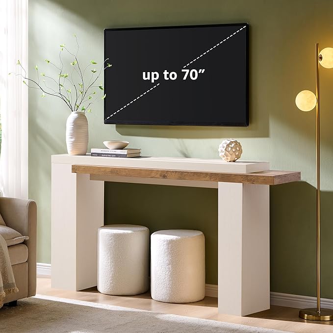 OKD 63 Inch Modern Entryway Console Table, Solid Geometry Accent Sofa Table Behind The Couch, Narrow Console Table for Entryway, Hallway, Living Room, Foyer, Antique White