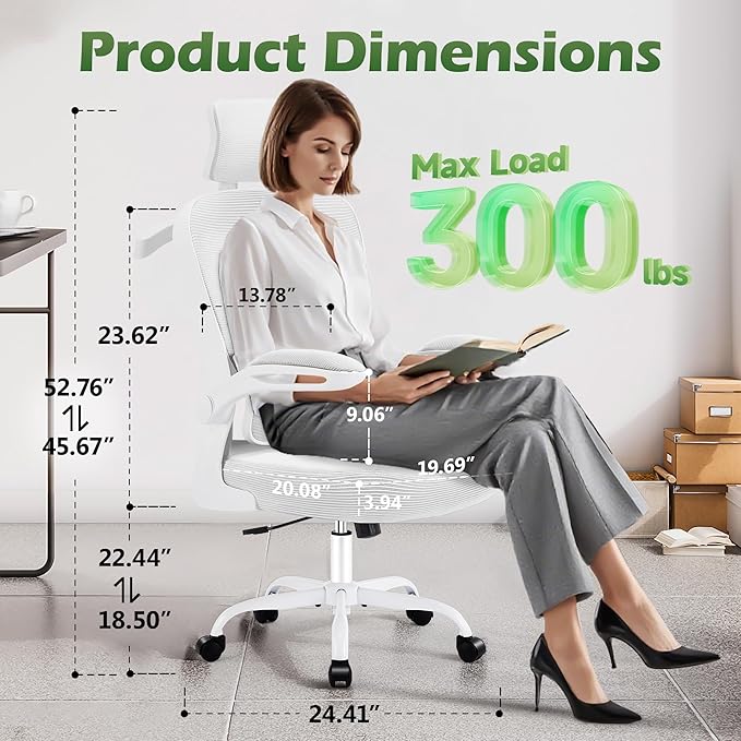 Office Chair Ergonomic Desk Chairs with Adjustable Lumbar Support& Headrest Hanger, High Back Breathable Mesh Chair with Wheels, Rolling Swivel Comfy Task Computer Chair for Home Work Gaming