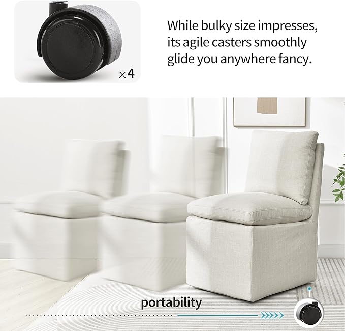 DUHOME Upholstered Armless Dining Chair with Casters,Linen Dining Chairs Set of 2 for Living Room,Single Sofa Chair with 4 Casters for Bedroom Reading Room Waiting Room Kitchen Dining Room