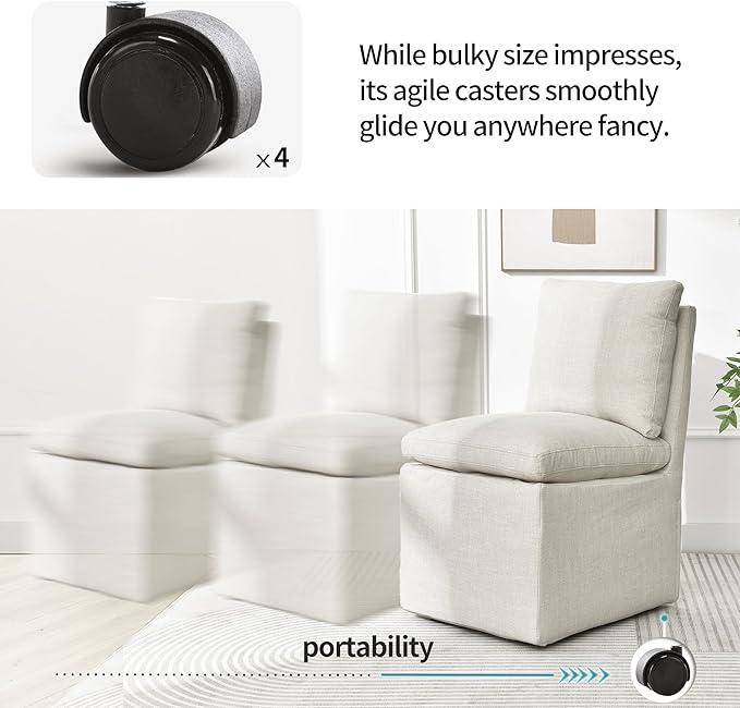 DUHOME Upholstered Armless Dining Chair with Casters,Linen Dining Chairs Set of 4 for Living Room,Single Sofa Chair with 4 Casters for Bedroom Reading Room Waiting Room Kitchen Dining Room