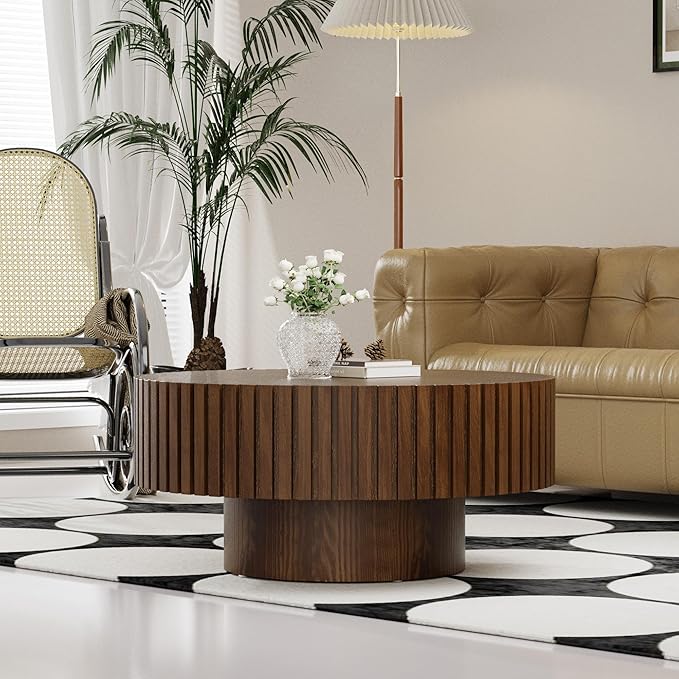 Round Coffee Table for Living Room, 31.5'' Modern Handcraft Drum Coffee Table Unique Fluted Coffee Tables Wood Center Table End Table for Small Space, Farmhouse Apartment Office (Round Brown)