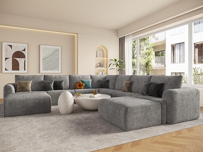 EASE MOOSE Oversized Sectional Cloud Couch, 9-Seat Modular Boneless Sofa Set with Deep Seat, No-Assembly Chenille Sofa for Living Room, Light Grey