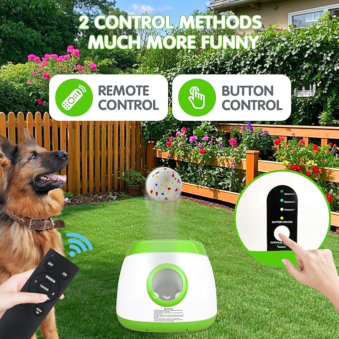 Automatic Dog Ball Launcher, Upgraded Interactive Dog Balls Thrower with 3 Distance 29Ft-79Ft, Remote Control Ball Launcher for Medium & Large Dogs, 5 Etpu Balls Included (Lime Green)