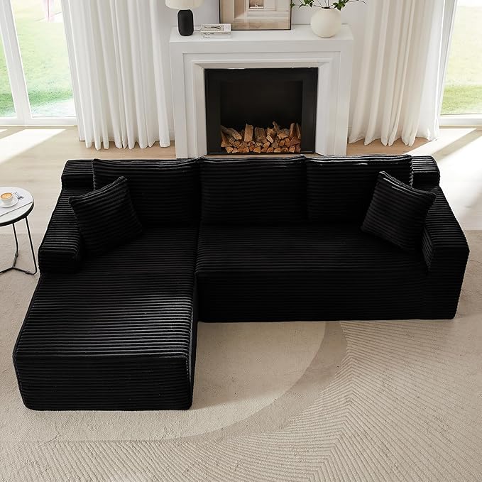 104 Inch Cloud Sectional Couch with L-Shape Chaise,Modern Upholstered Couches with Deep Seat,Corduroy Sponge Compressed Sofa for Living Room,No Assembly Required (Black)