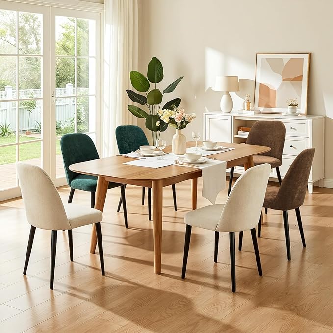 Upholstered Dining Chairs Set of 6, Mid Century Modern Fabric Dining Room Chair High-Back Padded Kitchen Chairs with Padded Seat and Metal Legs for Kitchen Dining Room Restaurant Cafe, Beige