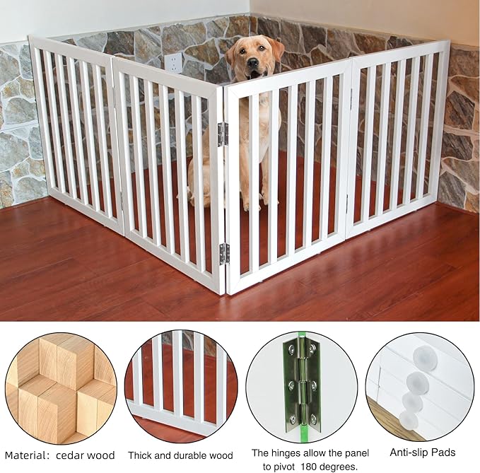 ZJSF Freestanding Indoor Dog Gate for House Foldable Wood White Puppy Gate for Doorways Pet Gate for Stairs Extra Wide Pet Fence 24" Height 4 Panels