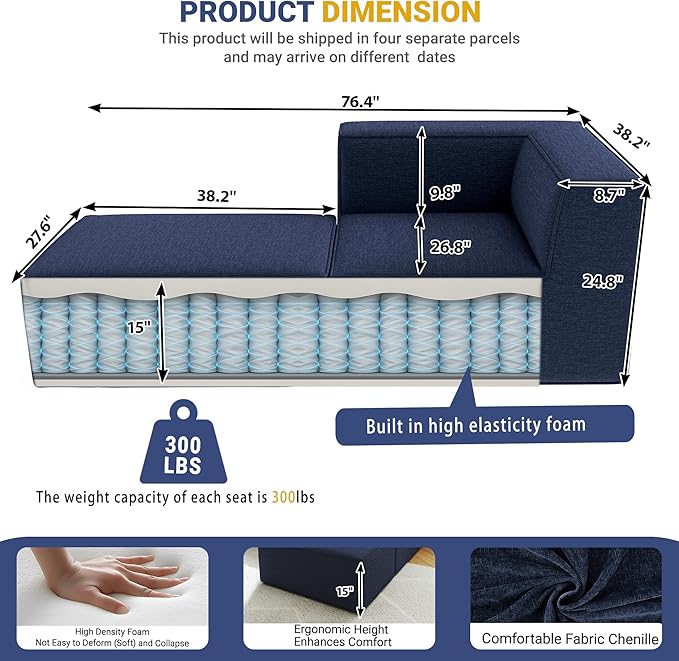 76" Sectional Compressed Sofa Modular Couches,High-Density Foam No Assembly Required, 2-Piece(1x Corner 1x Ottoman) for Living Room, Chenille Blue