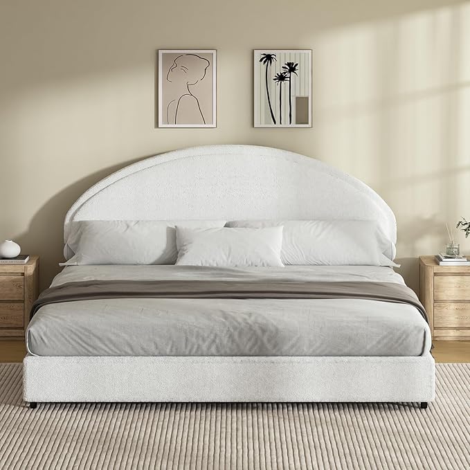 King Size Bed Frame with Round Headboard, Boucle Upholstered Bed with Round Headboard, Soft Arch Shaped Modern Style, No Box Spring Required, Easy Assembly, White