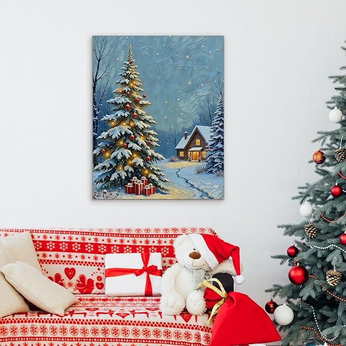 Framed Christmas Pictures Wall Decor,Vintage Pine Tree Prints,Winter Christmas Canvas Wall Art Decoration for Bedroom Bathroom Living Room Rustic Xmas Holiday Gifts (Christmas Tree 20, 24'' X 36'')