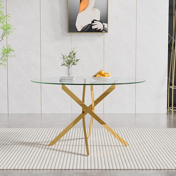 47.24" Round Glass Dining Room Table for 6 with Tempered Glass Top and Gold Chrome Metal Legs, Modern Clear Kitchen and Dinner Table for Home Office Dining Room