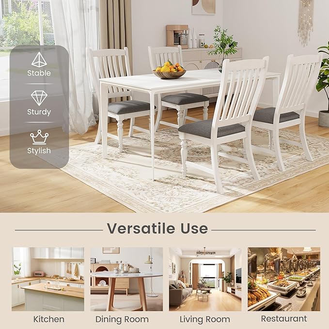 Giantex Wood Dining Chairs Set of 4, Farmhouse Kitchen Chairs with Solid Wood Frame, Max Load 355 Lbs, Armless Upholstered Dining Side Chairs with Cushion Seat, Slat Back Dining Room Chair, White