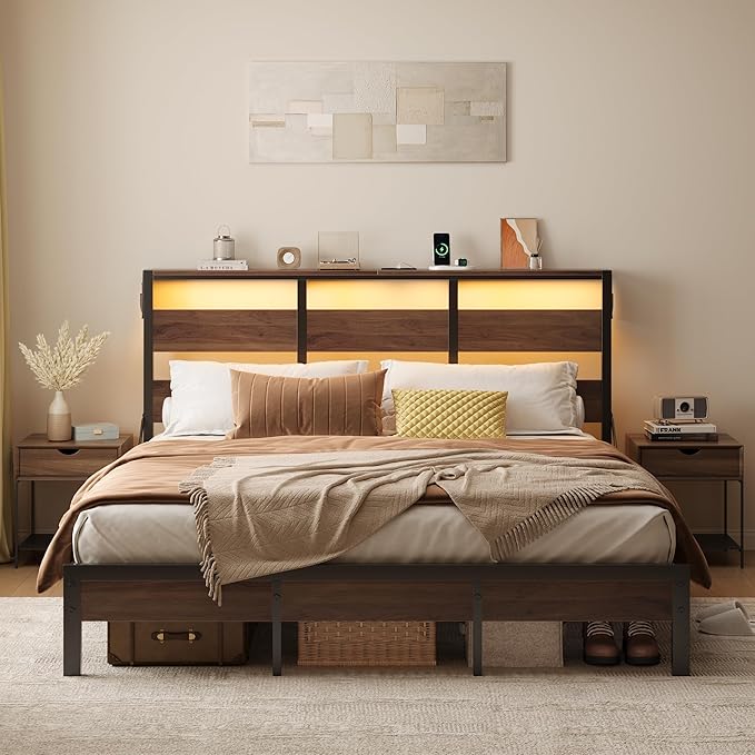 Bestier Full Bed Frame with Headboard Storage and Charging Station, Walnut Platform Bed Frame with LED Light, Non-Slip Metal Bed Frame Full Size, Noise-Free, Easy Assembly, Walnut