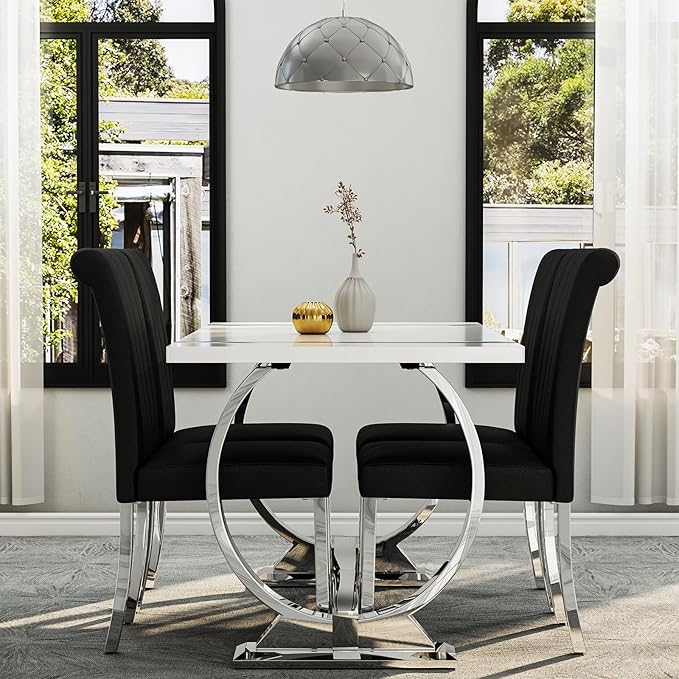 Asday White and Silver Rectangle Dining Table for 4-6, 60 inch Luxury Modern Dining Room Table with MDF Tabletop and Mirrored Chrome U-Shaped Base for Living Room, Kitchen, Apartment