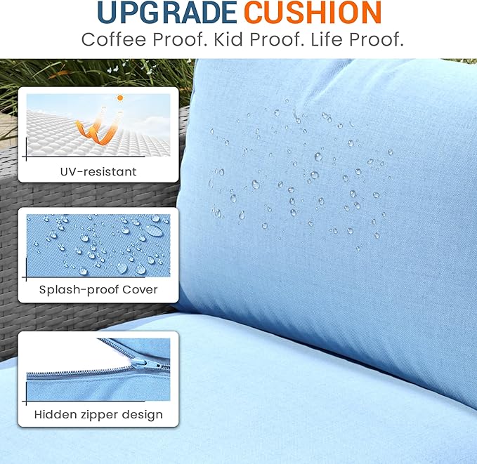 Wisteria Lane Patio Furniture Set for All Wheather, 7 Pieces Wicker Outdoor Furniture Set with Washable Cushions & Fire Pit Table, Oversized Outdoor Sectional for Garden, Poolside, Backyard, Blue