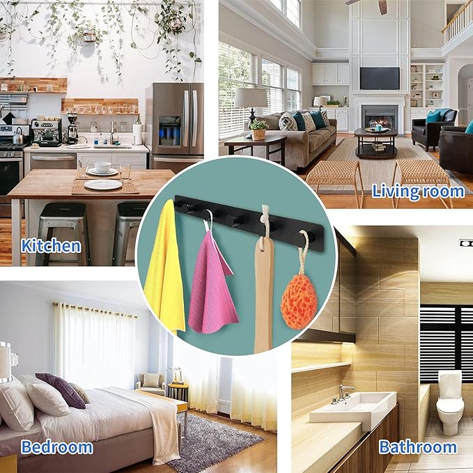 Coat Rack Wall Mounted, Black Coat Hooks Adhesive & Screw in, Stainless Steel Door Hooks for Hanging Hat Towels Clothes, Hook Rail with 6 Round Hangers