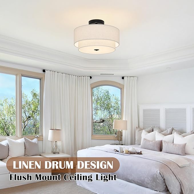 3 Light Semi Flush Mount Ceiling Light Fixture 15.7 Inch Modern Black Drum Ceiling Light Fixture with 2-Layer Fabric Shade Dimmable Close to Ceiling Light for Living Room Hallway Bedroom Entryway