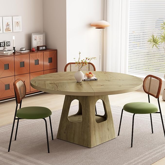 Round Dining Table for 4, Farmhouse 47 Inch Wood Dinner Tables with Storage Base for Kitchen Dining Living Room 4-6 People Gathering, Natural