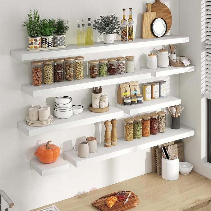 30 Inch Floating Shelves for Wall, 8 Inch Deep Floating Shelf for Storage & Display, Rustic Wall Mounted Shelf with Invisible Brackets for Living Room, Kitchen, Bathroom, Home Decor, Set of 2, White