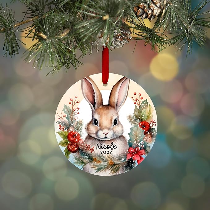Personalized Bunny Christmas Ornament - Custom Name & Year Woodland Decoration