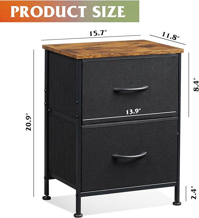 WLIVE Nightstand, 2 Drawer Dresser for Bedroom, Small Dresser with 2 Drawers, Bedside Furniture, Night Stand, End Table with Fabric Bins for Bedroom, Closet, Entryway, Black and Rustic Brown