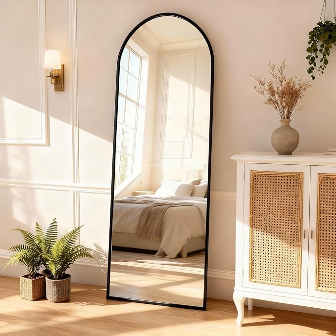 Arched Full Length Mirror,65" L x 24" W Floor Mirror, Aluminum Alloy Frame, Shatterproof Glass - Free Standing, Leaning or Wall Mounted for Bedroom, Living Room, Entryway, Modern Home (Black)